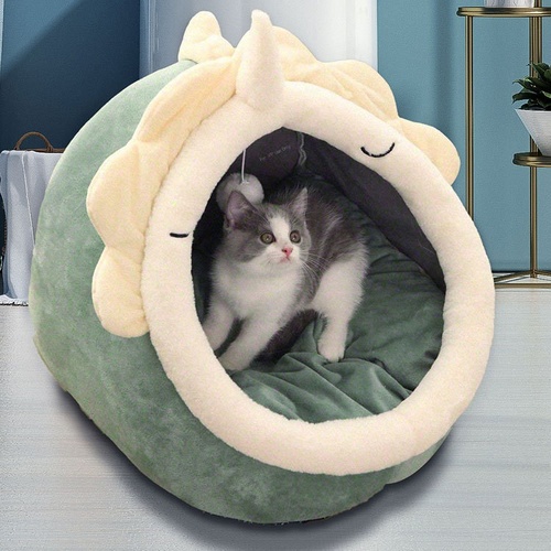 Green Half-Enclosed Cat Bed - Soft Short Velvet Fabric with Sponge + PP Cotton Filling, M Size (35x35x30cm) - Main Image