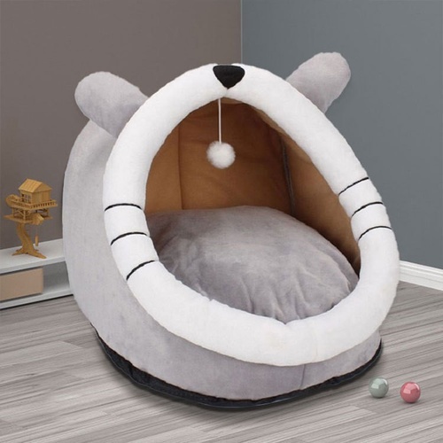 Gray Totoro Half-Enclosed Cat Bed - Soft Short Velvet Fabric with Sponge + PP Cotton Filling, M Size (35x35x30cm) - Main Image