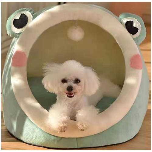 Green Frog Half-Enclosed Cat Bed - Soft Short Velvet Fabric with Sponge + PP Cotton Filling, S Size (28x28x30cm) - Main Image