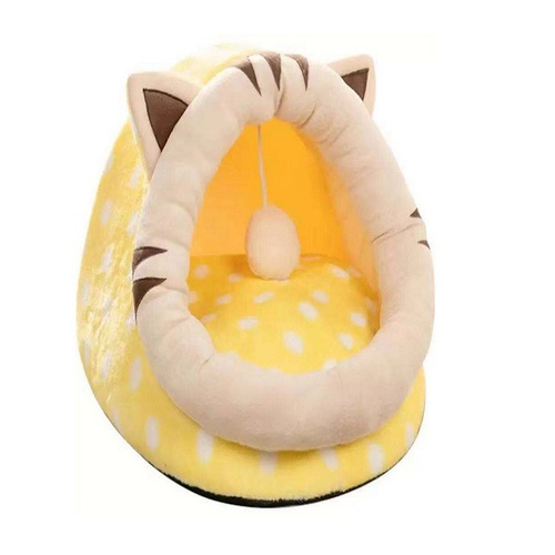 Yellow Half-Enclosed Cat Bed - Soft Short Velvet Fabric with Sponge + PP Cotton Filling, S Size (28x28x30 cm) - Main Image
