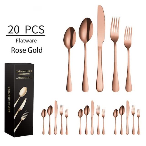 Rose Gold 410 Stainless Steel Cutlery Set - Western Steak Knife, Fork & Spoon Set, 4 Set/20-Piece Dinnerware Set - Main Image