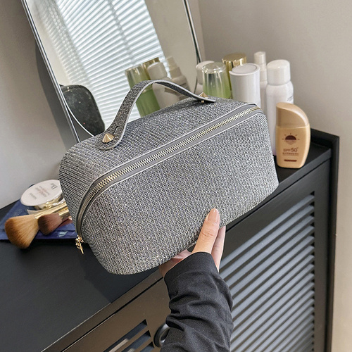 Gray Shiny Large Capacity Makeup Bag - Multi-Function Travel Toiletry Organizer, Handheld Cosmetic Storage Bag - Main Image