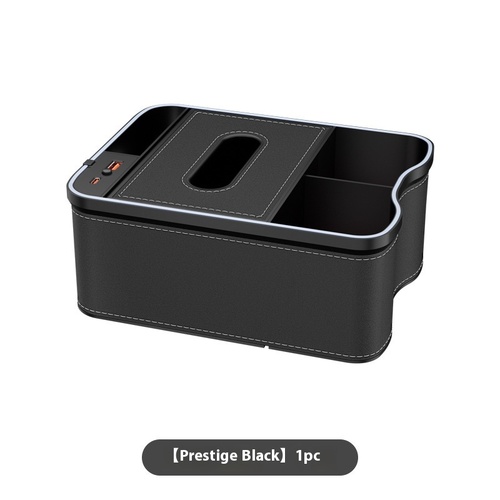 Black Car Armrest Storage Box with LED Ambient Light - Multifunctional Tissue Holder & Organizer for Car Interior - Main Image
