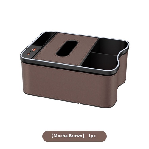 Mocha Brown Car Armrest Storage Box with LED Ambient Light - Multifunctional Tissue Holder & Organizer for Car Interior - Main Image
