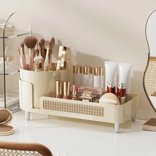 White Cosmetic Organizer - Rotating Desktop Makeup Brush Holder with Large Capacity Storage - Main Image