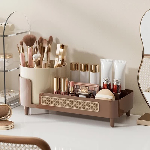 Brown Cosmetic Organizer - Rotating Desktop Makeup Brush Holder with Large Capacity Storage - Main Image