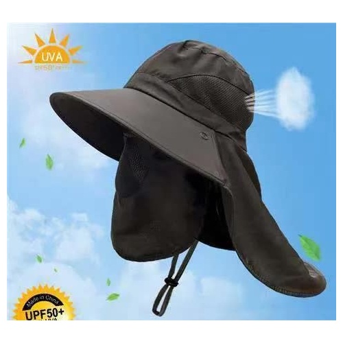 Black Outdoor UV Protection Hat for Men - Detachable Face & Neck Shield, Large Brim Sun Hat for Fishing, Hiking, and Outdoor Activities - Main Image