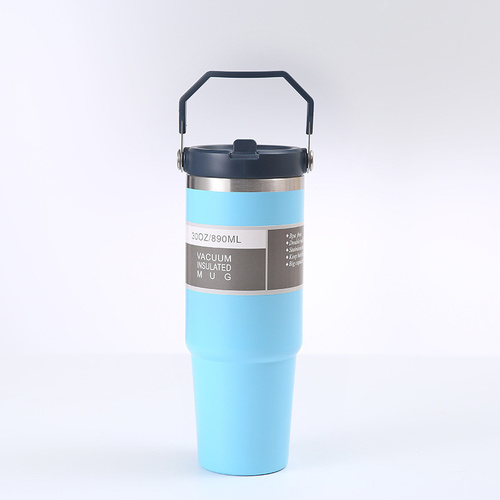 Blue 30oz 304 Stainless Steel Ice Cup with Handle - Portable Car and Travel Cup, Double Insulated, for Hot & Cold Drinks - Main Image