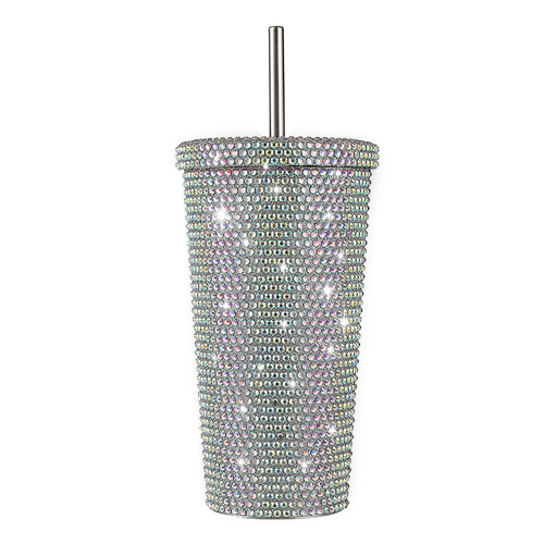 Diamond-Inlaid Insulated 304 Stainless Steel Cup with Straw - Double-Walled, Rhinestone Coffee Mug, Gift Cup for Beverages - Main Image