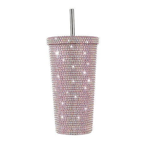 Pink Diamond-Inlaid Insulated 304 Stainless Steel Cup with Straw - Double-Walled, Rhinestone Coffee Mug, Gift Cup for Beverages - Main Image