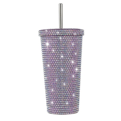 Purple Diamond-Inlaid Insulated 304 Stainless Steel Cup with Straw - Double-Walled, Rhinestone Coffee Mug, Gift Cup for Beverages - Main Image