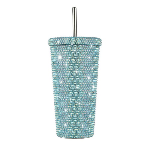 Blue Diamond-Inlaid Insulated 304 Stainless Steel Cup with Straw - Double-Walled, Rhinestone Coffee Mug, Gift Cup for Beverages - Main Image