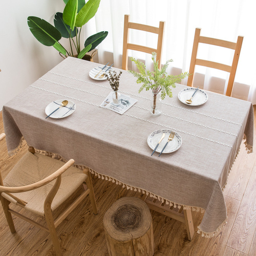 160*100cm Beige Striped Cotton Linen Embroidered Tassel Tablecloth - European & American Pastoral Style for Restaurants - Main Image