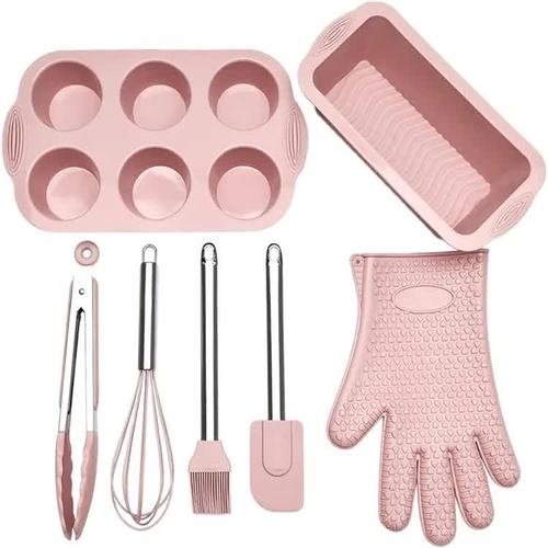 Pink 7-Piece Silicone Bakeware Set with Whisk, Spatula, Brush, Gloves, and Cake Molds for Home Baking - Main Image