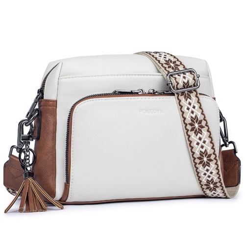 White Vintage Multi-Zip Crossbody Bag with Card Slots and Adjustable Strap, Minimalist Solid Color Shoulder Bag - Main Image