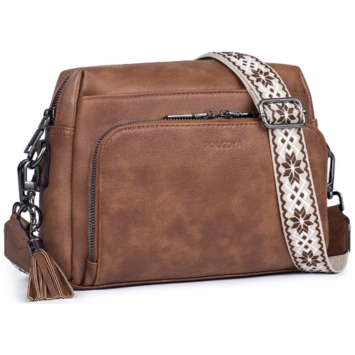 Brown Vintage Multi-Zip Crossbody Bag with Card Slots and Adjustable Strap, Minimalist Solid Color Shoulder Bag - Main Image