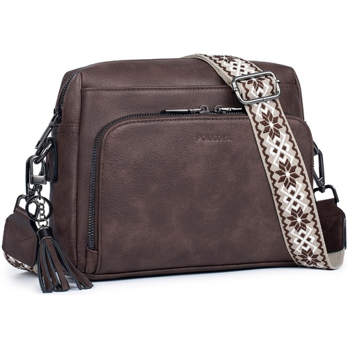 Dark Brown Vintage Multi-Zip Crossbody Bag with Card Slots and Adjustable Strap, Minimalist Solid Color Shoulder Bag - Main Image