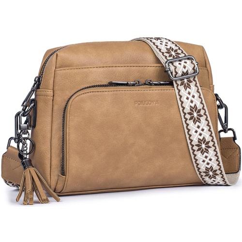 Light Tan Vintage Multi-Zip Crossbody Bag with Card Slots and Adjustable Strap, Minimalist Solid Color Shoulder Bag - Main Image