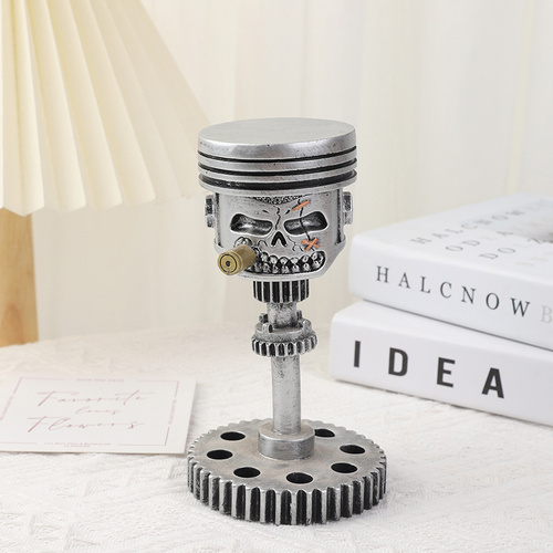 Piston Skull Face Sculpture, Resin Gear Decor, Industrial Style Home Decoration - Main Image