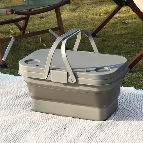 Grey Foldable Outdoor Picnic Basket with Lid and Tabletop, Camping Storage Box, Car-Friendly Organizer - Main Image