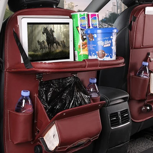 Rose Madder Leather Car Backseat Organizer with Foldable Tray Table & Trash Bag - Multi-functional Car Storage Solution - Main Image