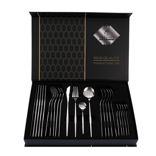 Silver Color Premium 24-Piece Stainless Steel Cutlery Set – Elegant Golden Steak Knife, Fork, and Spoon Set in Luxury Gift Box - Main Image