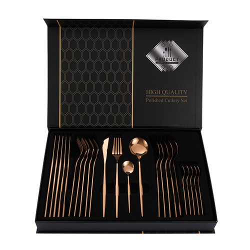 Rose Gold Color Premium 24-Piece Stainless Steel Cutlery Set - Elegant Golden Steak Knife, Fork, and Spoon Set in Luxury Gift Box - Main Image
