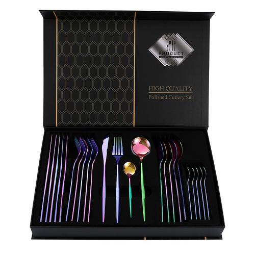 Colorful Color Premium 24-Piece Stainless Steel Cutlery Set - Elegant Golden Steak Knife, Fork, and Spoon Set in Luxury Gift Box - Main Image