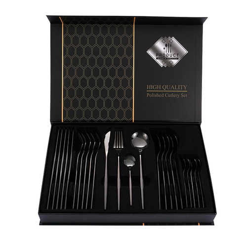Black Color Premium 24-Piece Stainless Steel Cutlery Set - Elegant Golden Steak Knife, Fork, and Spoon Set in Luxury Gift Box - Main Image
