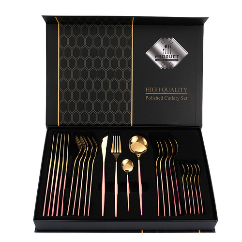 Pink Gold Color Premium 24-Piece Stainless Steel Cutlery Set - Elegant Golden Steak Knife, Fork, and Spoon Set in Luxury Gift Box - Main Image