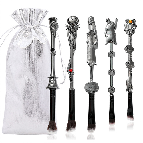 5-Piece Gothic Skeleton Jack Makeup Brush Set - Halloween Horror-Themed Metal Eyeshadow Brushes for Creative Festive Gifts - Main Image