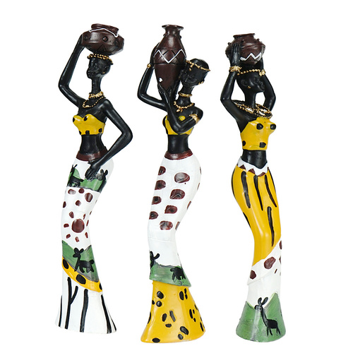 Yellow Maiden Praying for Rain 3-Piece Set - African-Style Home Decor Accents for Tabletop and Shelf Display - Main Image