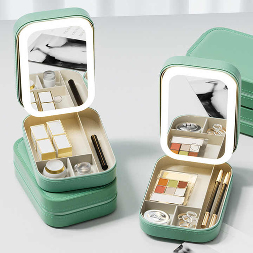 Green LED Jewelry Box with Mirror - Smart Light Adjustment and Dual Power Charging for Travel and Home - Main Image