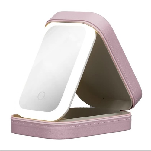 Pink LED Jewelry Box with Mirror - Smart Light Adjustment and Dual Power Charging for Travel and Home - Main Image
