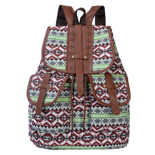 Green Bohemian Style Canvas Backpack - Vintage Tribal Pattern Travel Bag with Leather Straps - Main Image