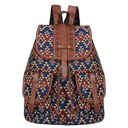 Lozenge Pattern Bohemian Style Canvas Backpack - Vintage Tribal Pattern Travel Bag with Leather Straps - Main Image
