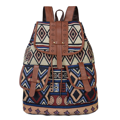Circular Pattern Bohemian Style Canvas Backpack - Vintage Tribal Pattern Travel Bag with Leather Straps - Main Image