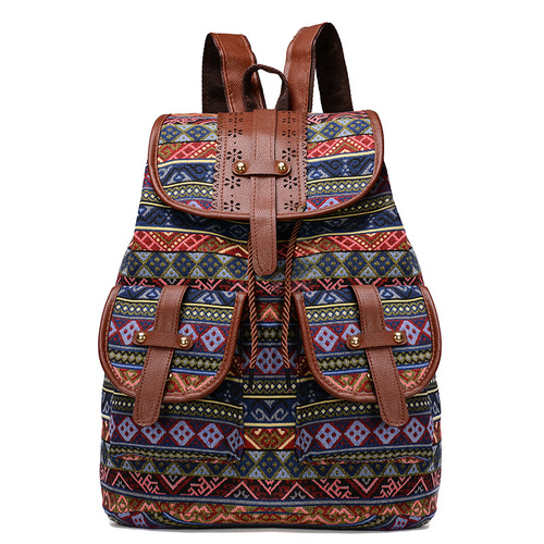 Diamond Pattern Bohemian Style Canvas Backpack - Vintage Tribal Pattern Travel Bag with Leather Straps - Main Image