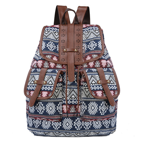 Bohemian Style Canvas Backpack - Vintage Tribal Pattern Travel Bag with Leather Straps - Main Image