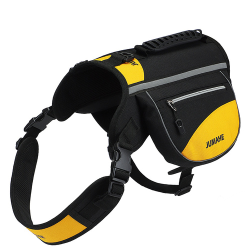 Yellow Reflective Dog Saddle Harness with Storage Bags - Adjustable Pet Backpack for Outdoor Adventures - Main Image