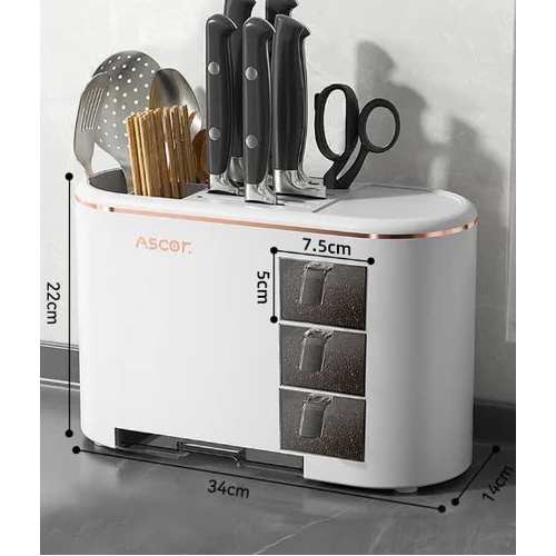 White All-in-One Kitchen Knife and Utensil Holder - Multi-Functional Organizer with Storage Drawers - Main Image