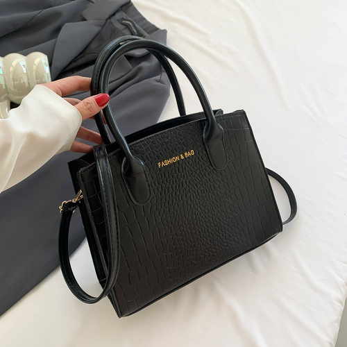 Black Elegant Faux Crocodile Leather Handbag - Stylish Tote Bag with Adjustable Strap - Main Image