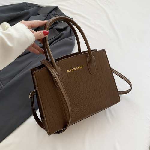 Brown Elegant Faux Crocodile Leather Handbag - Stylish Tote Bag with Adjustable Strap - Main Image