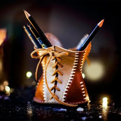 Yellow Leather Corset Pencil Holder - Handmade Vintage Desktop Organizer - Main Image