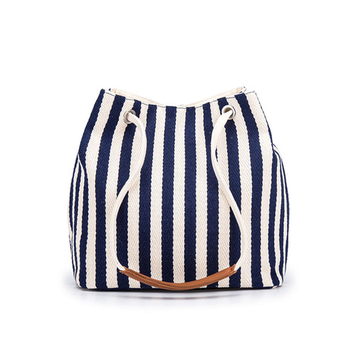Blue Stripes Canvas Bucket Tote Bag with Leather Handle - Main Image