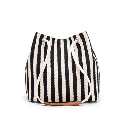 Black Stripes Canvas Bucket Tote Bag with Leather Handle - Main Image