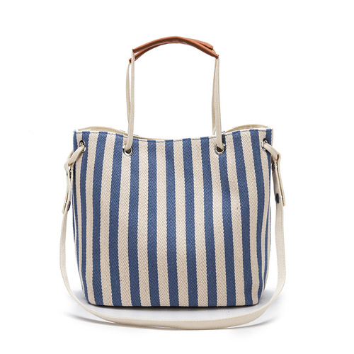 Light Blue Stripes Canvas Bucket Tote Bag with Leather Handle - Main Image