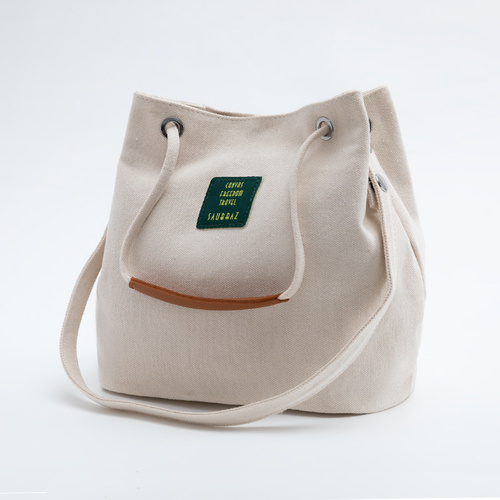 Beige Canvas Bucket Tote Bag with Leather Handle - Main Image