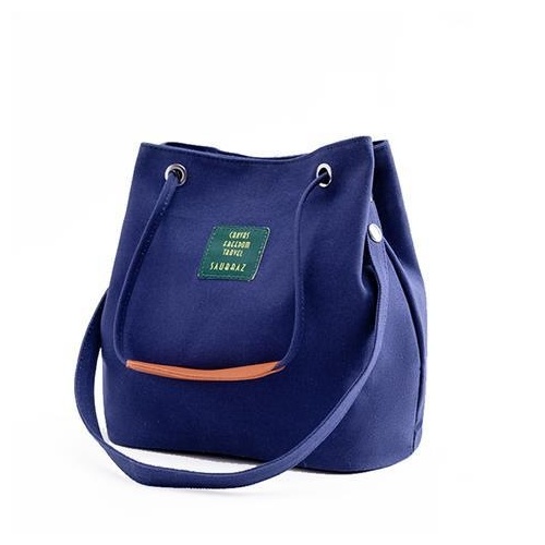 Blue Canvas Bucket Tote Bag with Leather Handle - Main Image