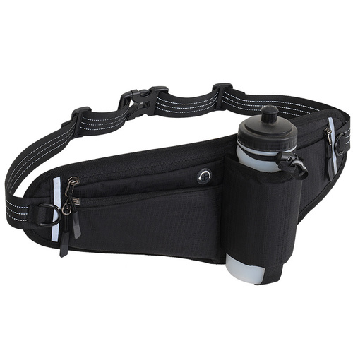 Black Adjustable Running Waist Pack with Water Bottle Holder, Reflective Design, and Multiple Storage Pockets for Outdoor Activities - Main Image